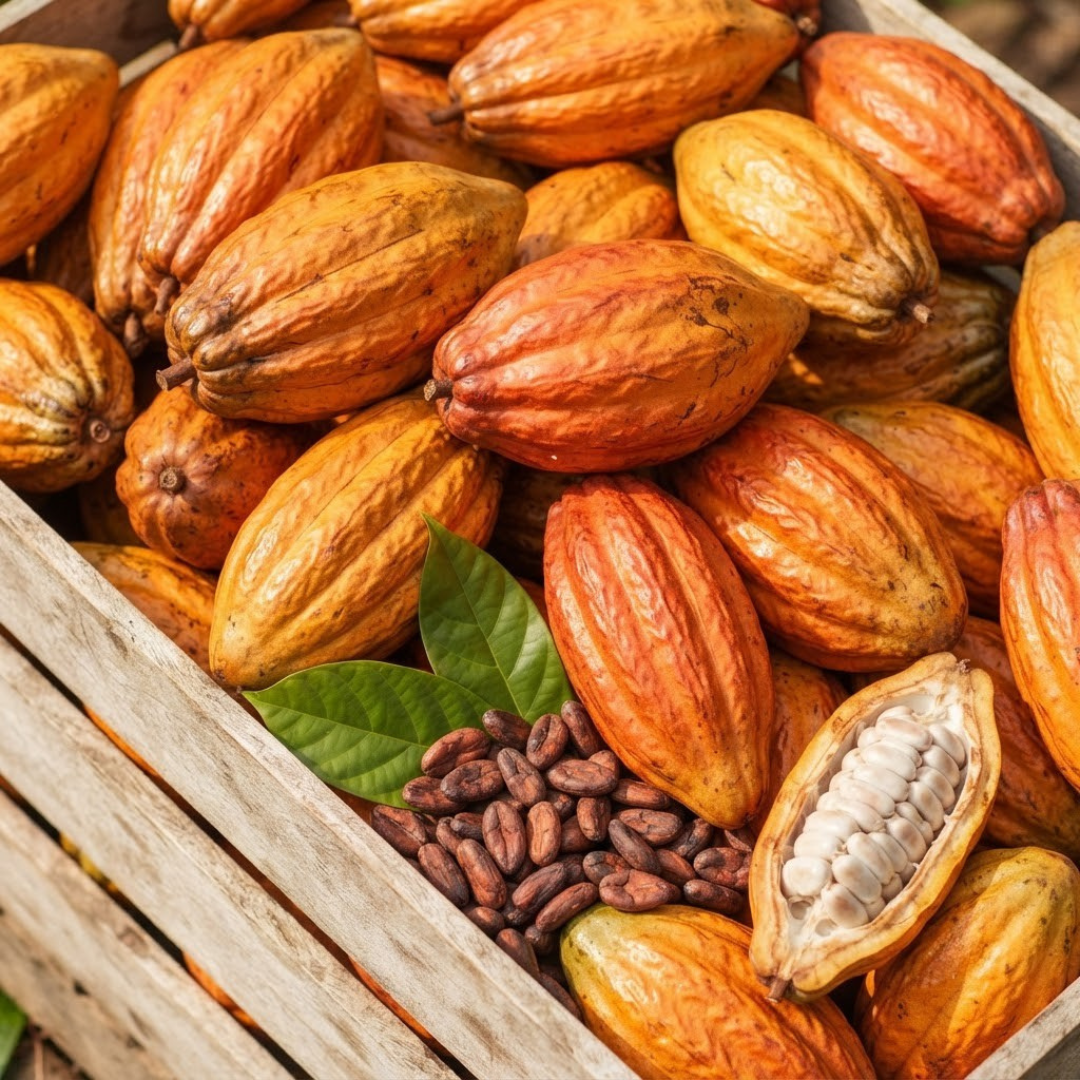 Fresh cocoa pods and beans in a wooden crate